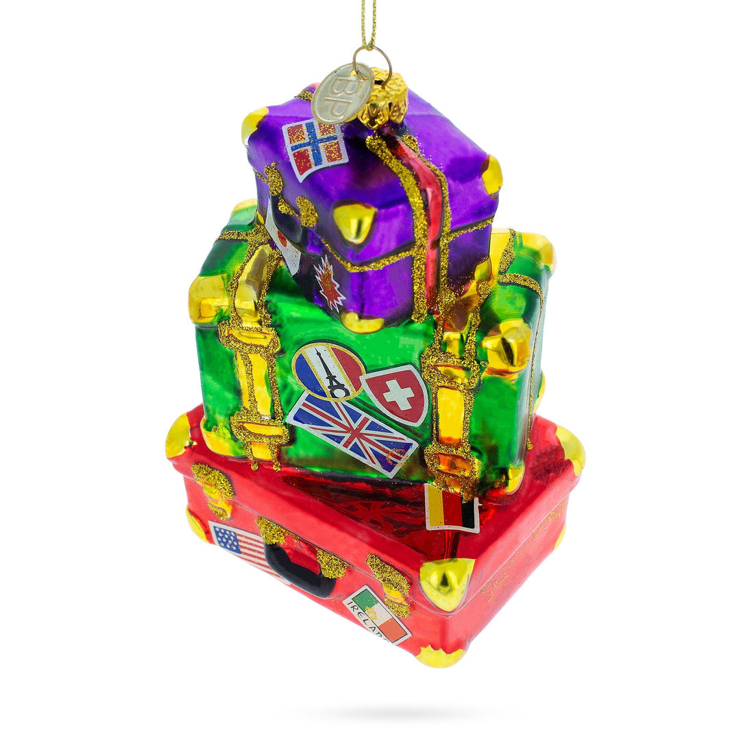 Vintage-Inspired Luggage with Travel Stickers Glass Christmas Ornament