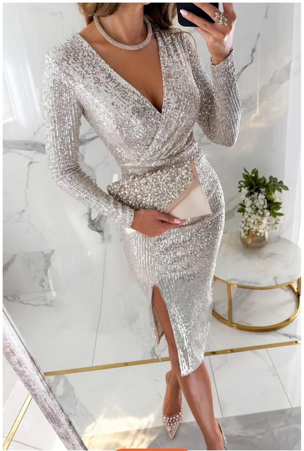 Autumn And Winter New Sequins Split Long Sleeve Dress