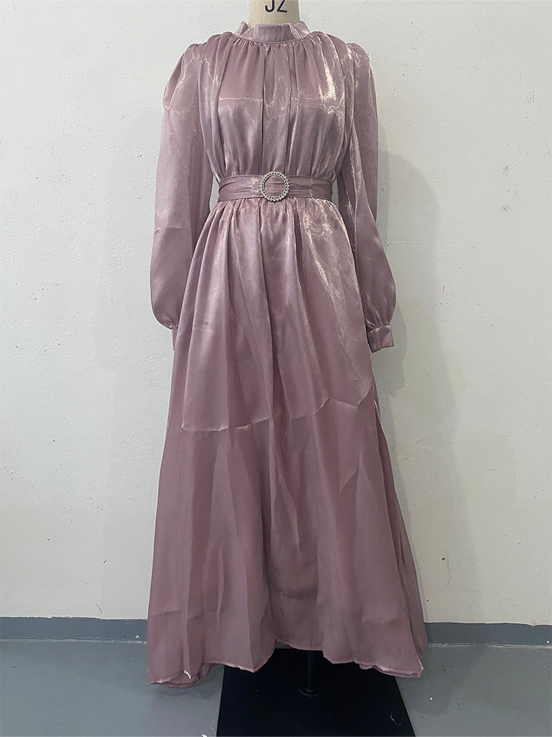 Round neck organza lantern sleeve long sleeved slim waistband retro dress