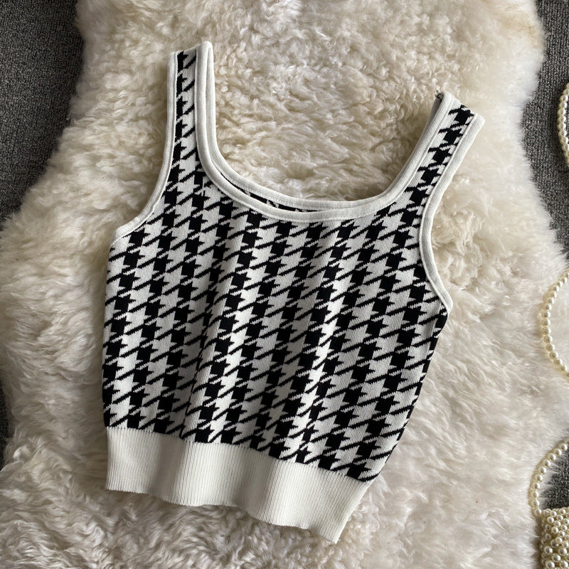 Plaid Knitted Camisole Summer New Retro Slim Fit Stretchy Slim Short Crop Top Women's Clothing