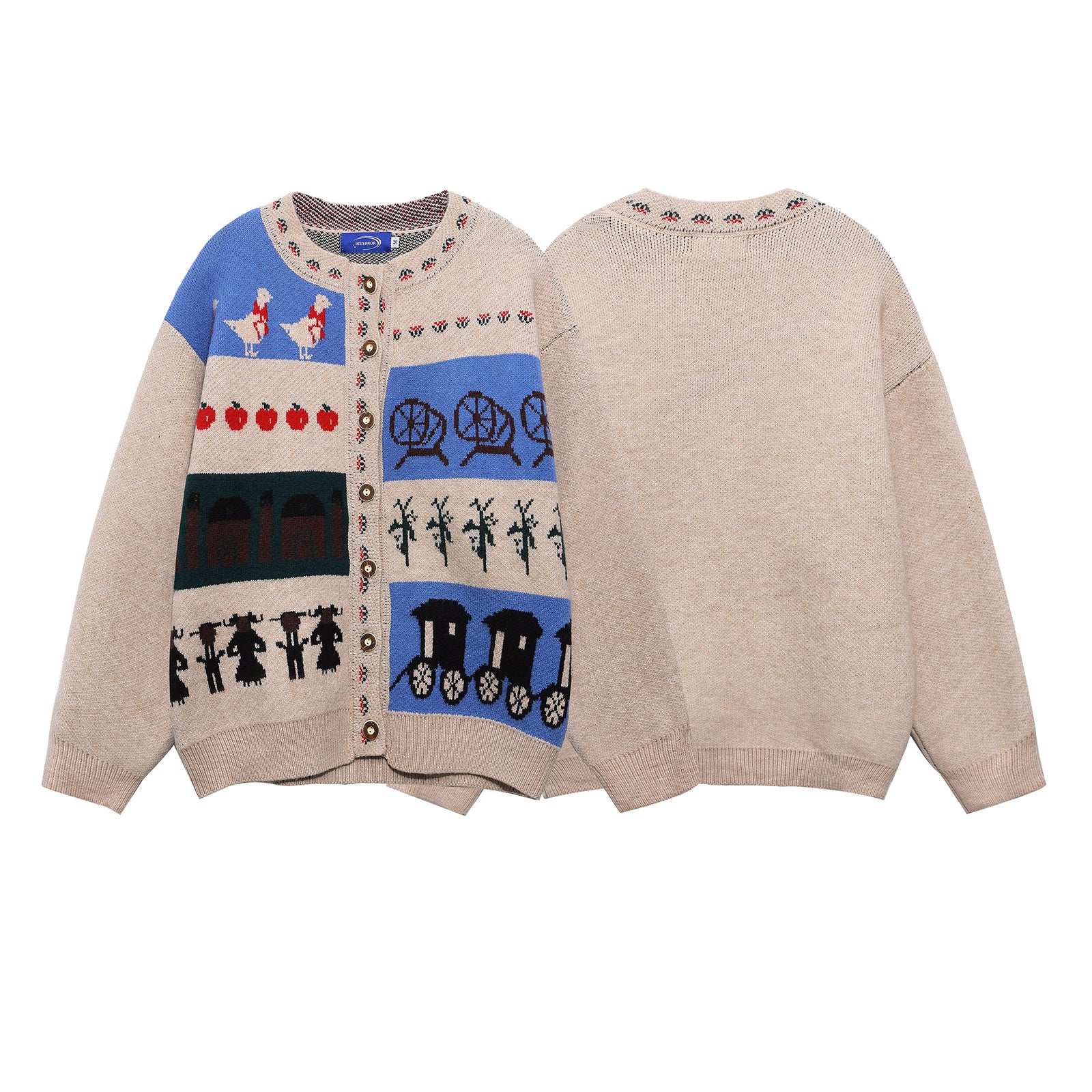 Casual Knit Cardigan with Cartoon Jacquard Pattern, Unisex Retro Style Sweater for Men and Women