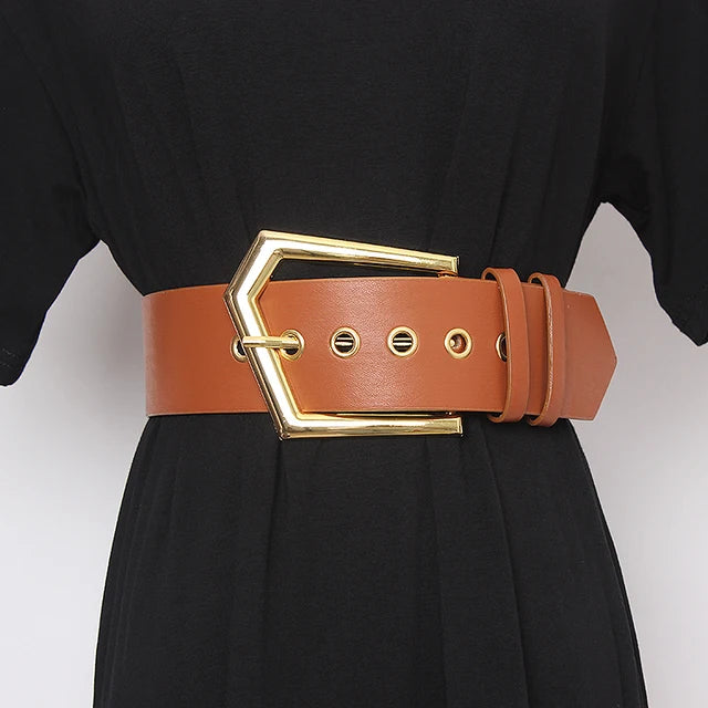 New Genuine Leather Belt Female Vintage Metal Buckle Wide Leather Waistband Women Designer Brand Belt Lady