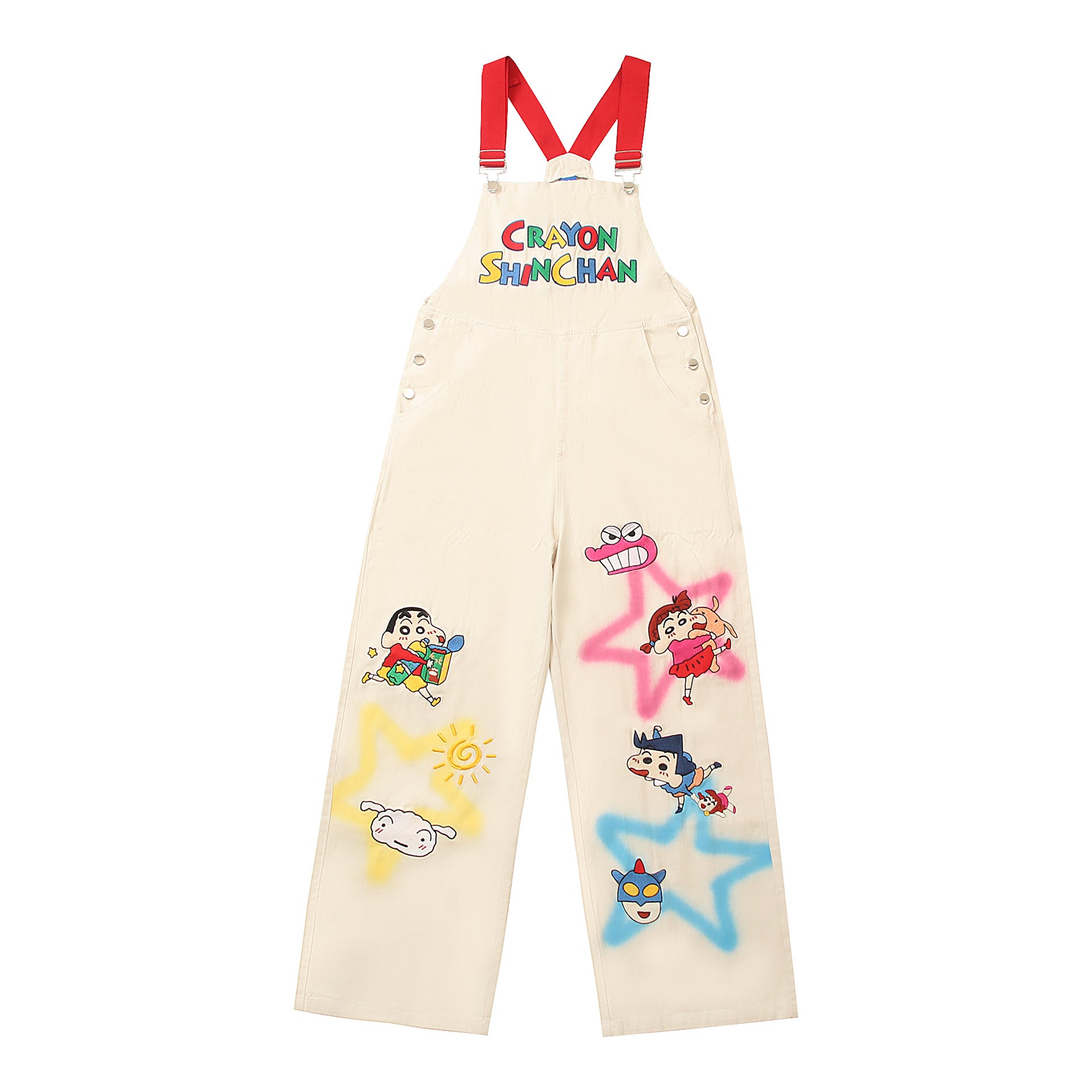 Retro Cartoon Embroidery Color Block Workwear Overalls Unisex Loose Straight Wide Leg Long Pants
