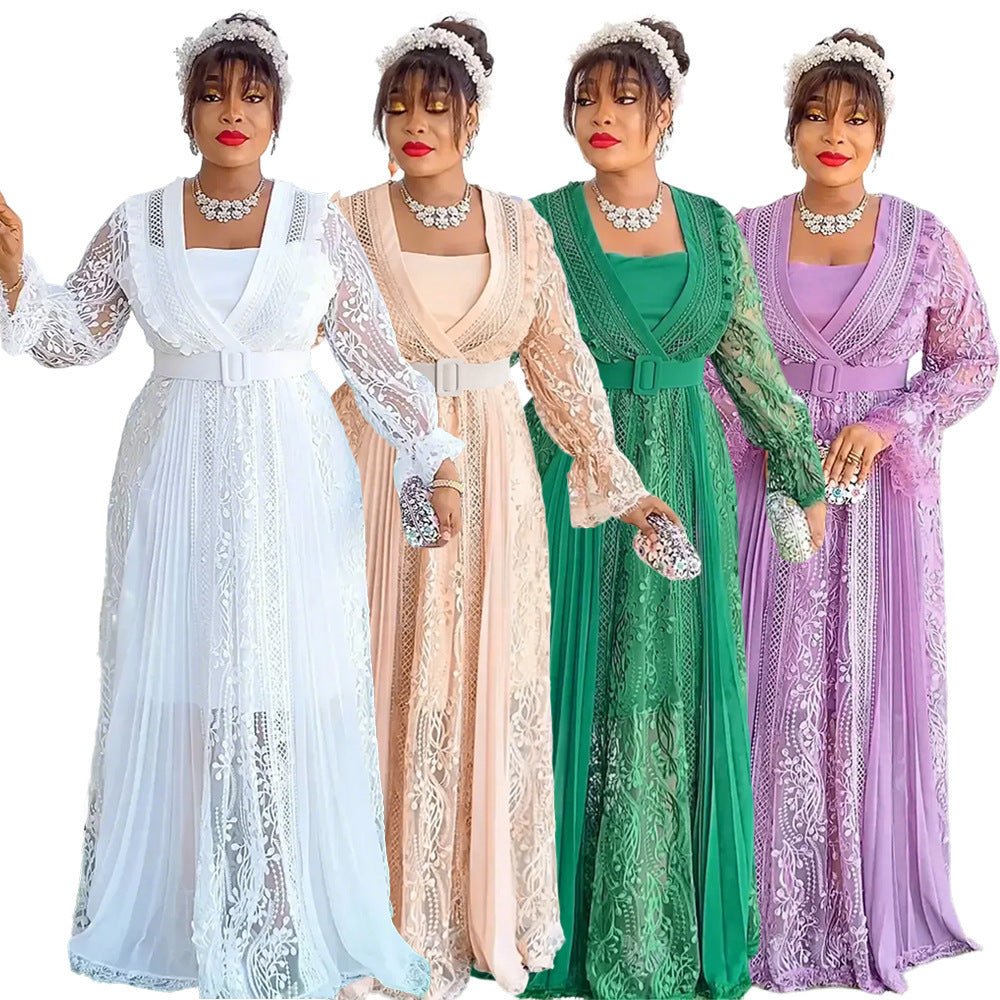 Embroidered Lace Hollow-out Long Sleeve Elegant Dress Suspender Skirt Two-piece Set