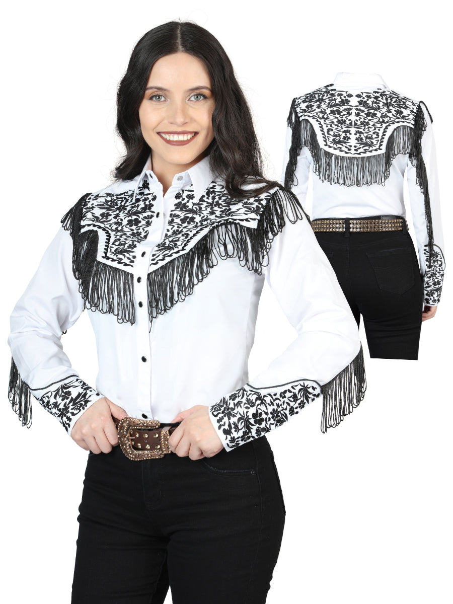 Womens Fringe White Embroidered Western-style Blouse 44179