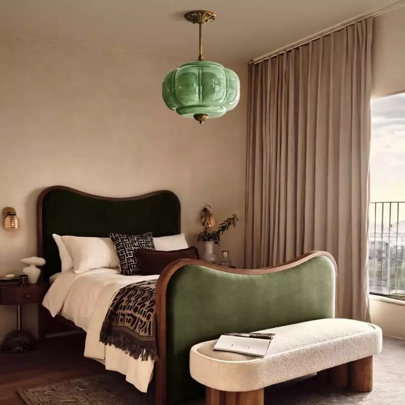 Vintage All-Copper Ceiling Lamp, American Style Simple Glass Pumpkin Pendant Light for Restaurant, Bedroom, Study, Balcony, Entryway, Retro Chandelier