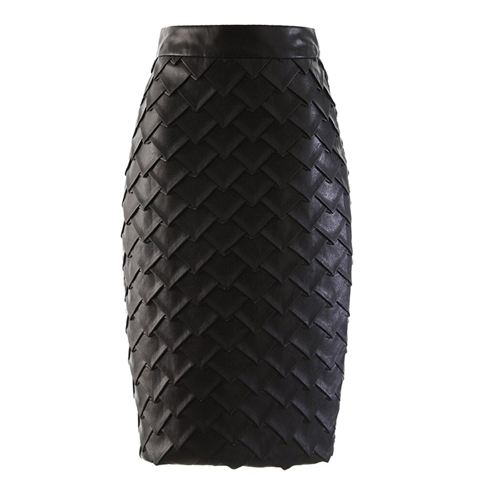 Vintage Knitted Midi Skirt For Women High Waist A Line Patchwork Solid PU Leather Skirts Female Clothes Fashion