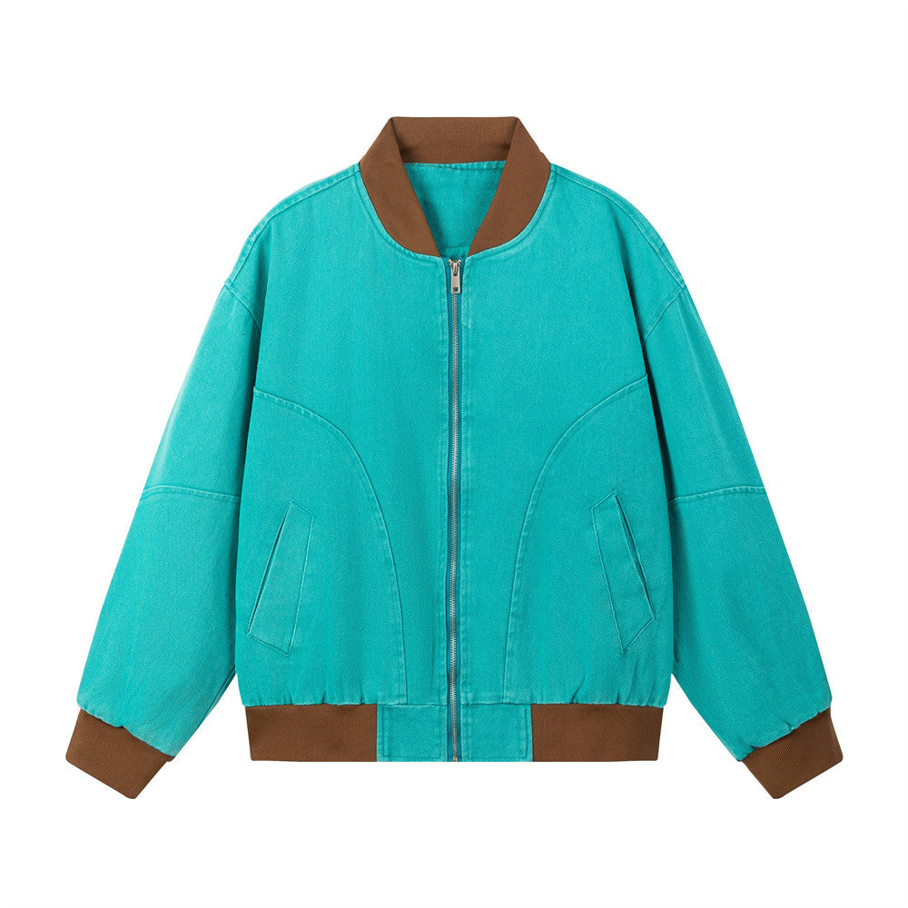 Retro Workwear Denim Jacket Men's Baseball Jacket Color Block Splicing Stand Collar Loose Short Coat