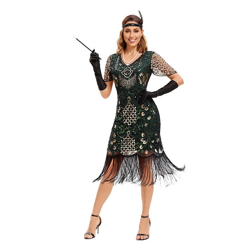 Party 1920s  Style Retro Gatsby V-Neck Evening Dress with Sequins and Fringe Short Sleeve Dress