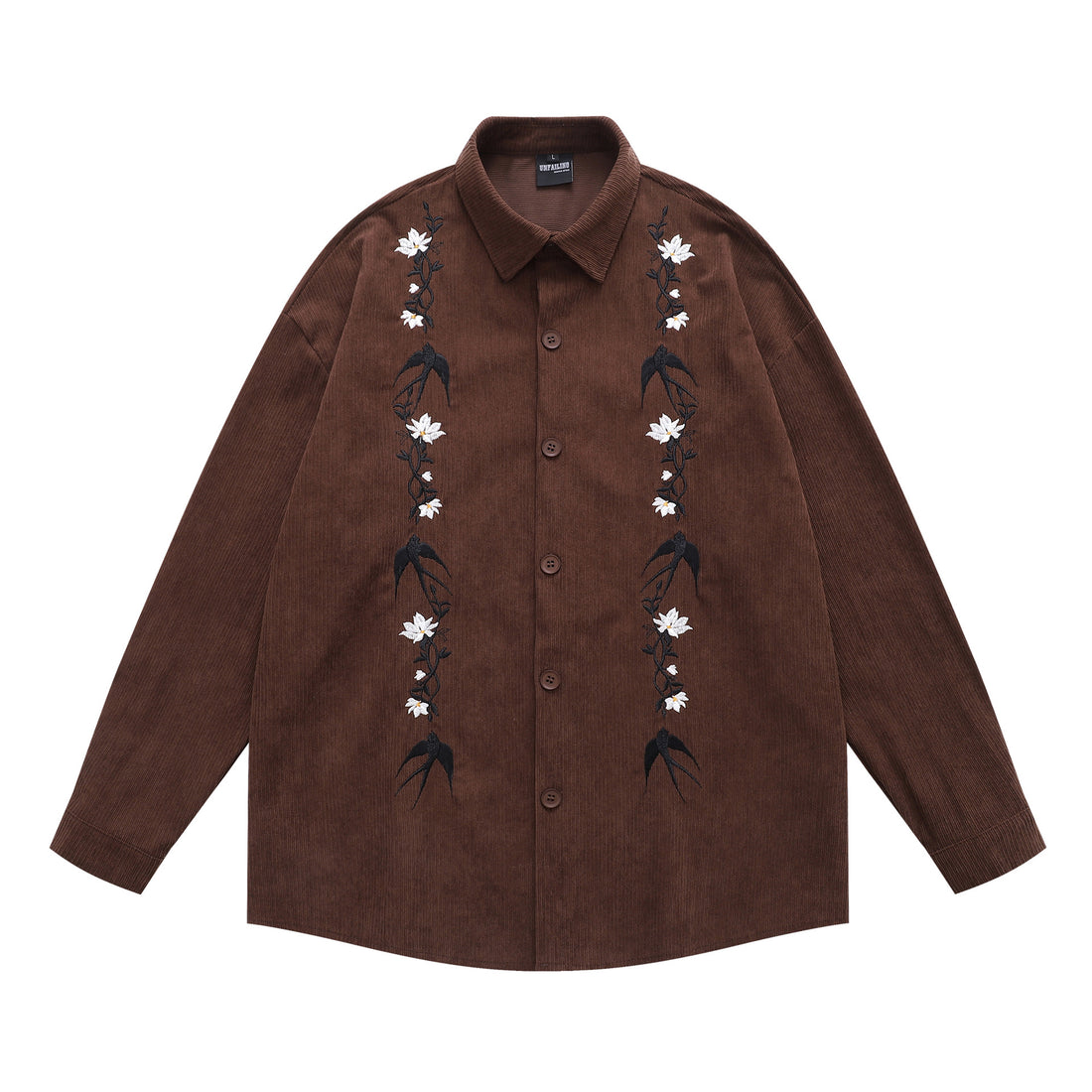 Retro Swallow Floral Embroidery Corduroy Long Sleeve Shirt Unisex Loose Couple Shirt Jacket