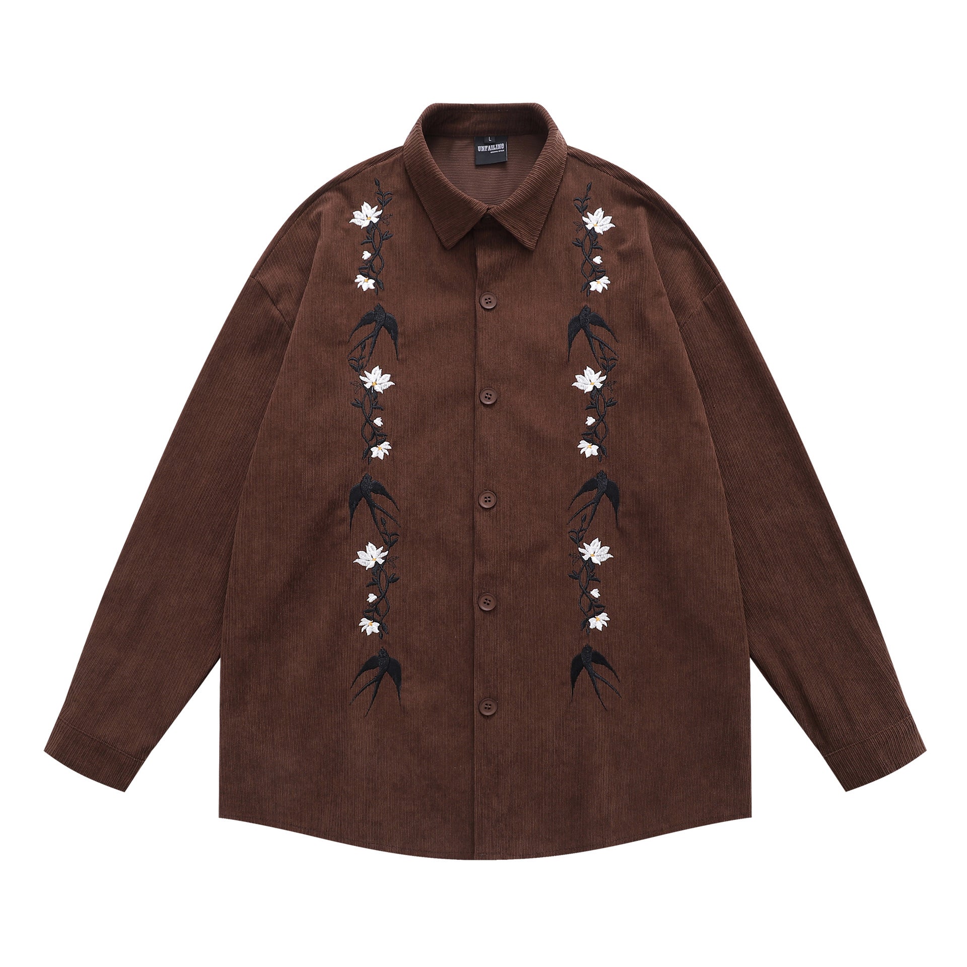 Retro Swallow Floral Embroidery Corduroy Long Sleeve Shirt Unisex Loose Couple Shirt Jacket