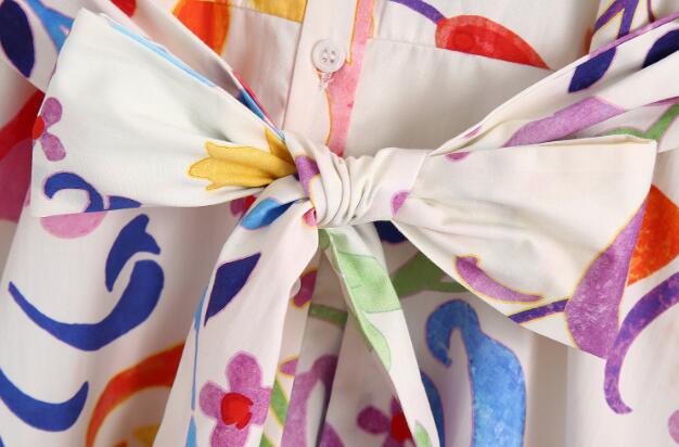 Women Vintage Totem Floral Print Bow Sashes Midi Shirt Dress