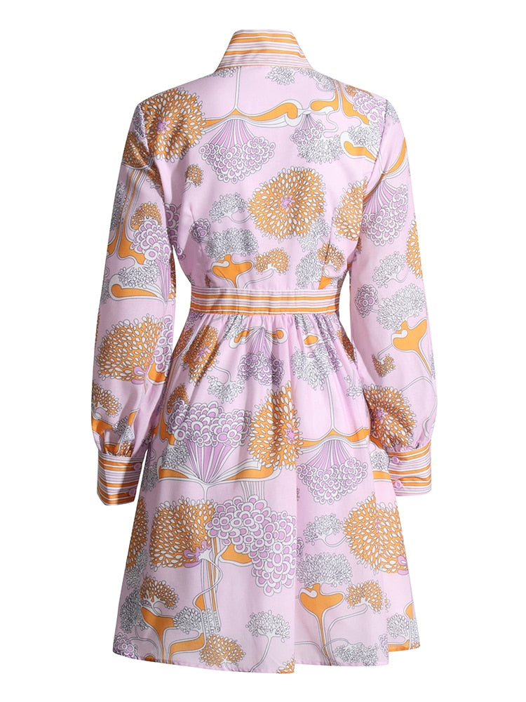 Vintage Print Dress For Women Bowknot Collar Long Sleeve High Waist Colorblock Mini Dresses Female Clothing Fashion