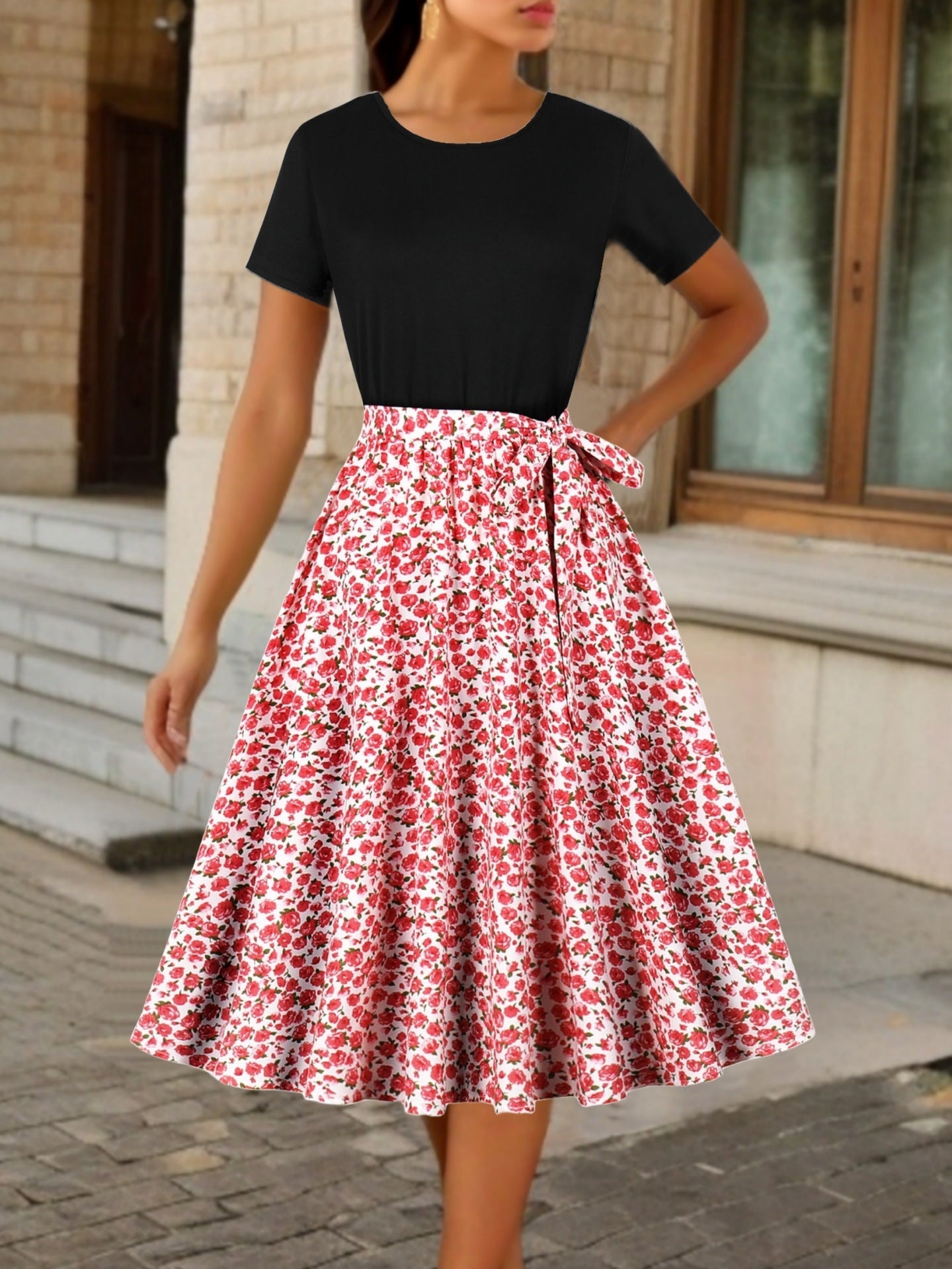 Round Neck Vintage Print Short Sleeves Dress