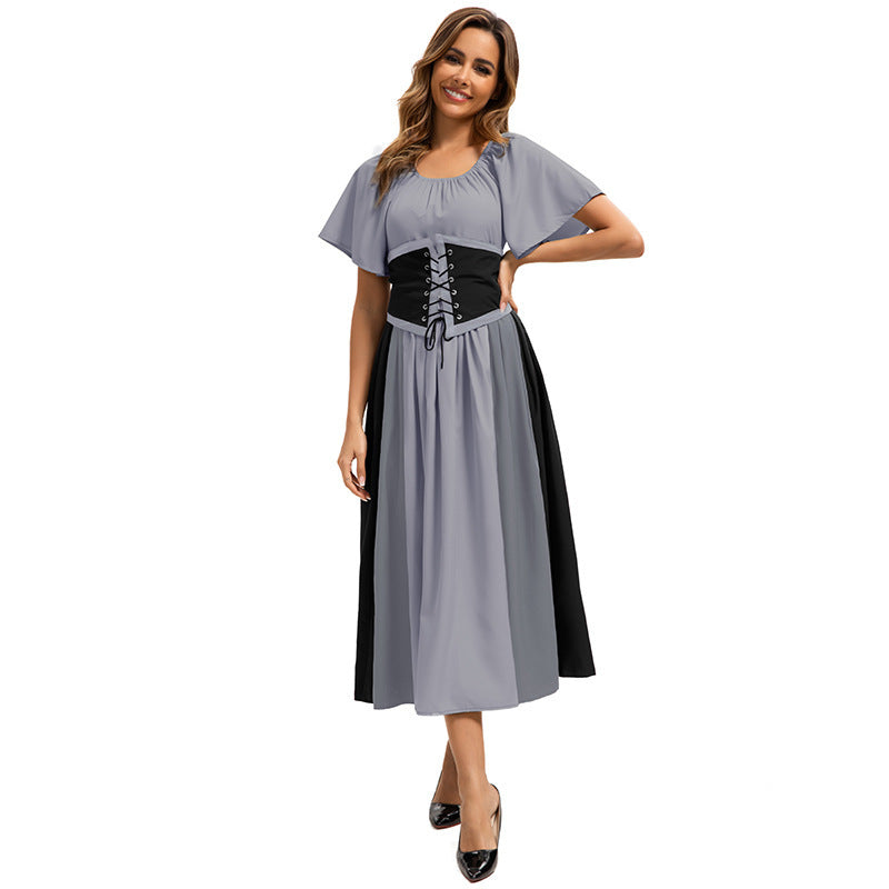 Style Medieval Retro Color-block Spliced Tie-waist Flared Dress for Costume Party Formal Dress