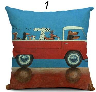 Pillow Lovely Cartoon Dog Driving Car Vintage Almofadas 45X45CM Linen Pillow Decorative Linen Cushion Cover