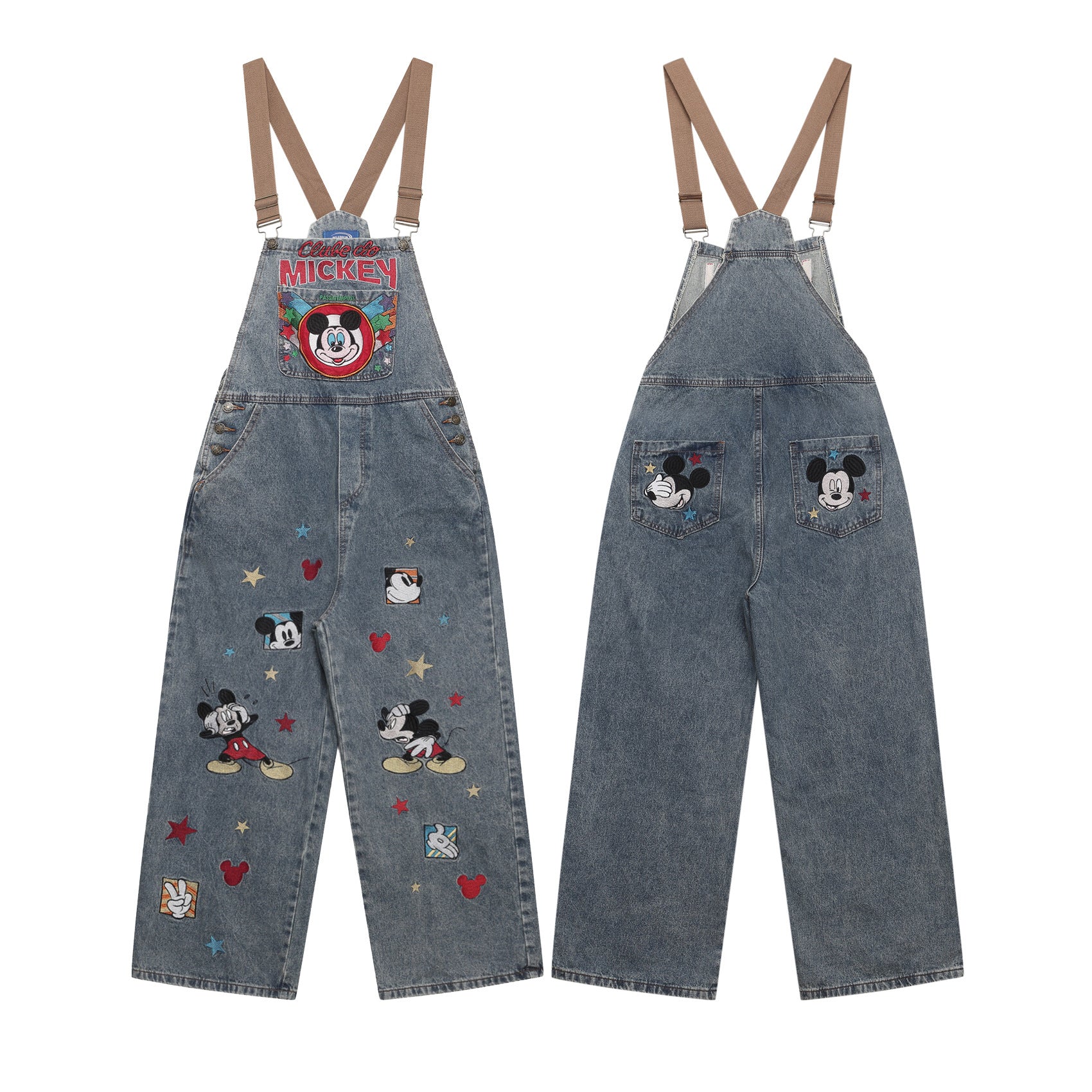 Retro Cartoon Embroidery Washed Denim Overalls Unisex Unique Design Loose Jumpsuit