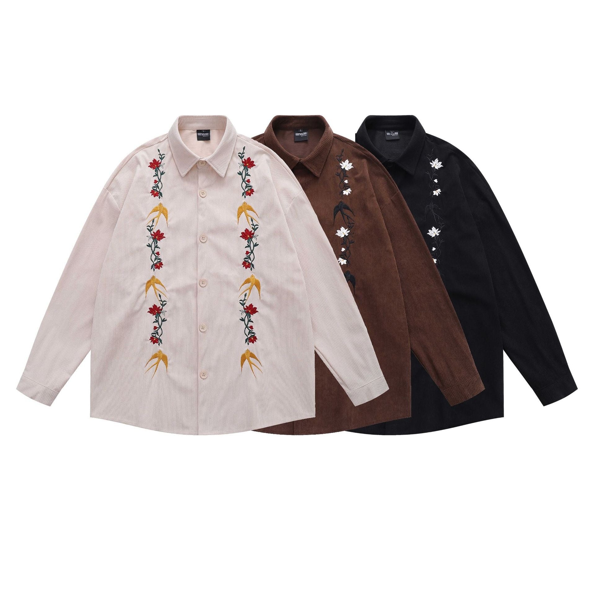 Retro Swallow Floral Embroidery Corduroy Long Sleeve Shirt Unisex Loose Couple Shirt Jacket