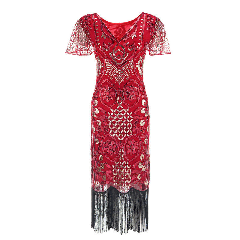 Party 1920s  Style Retro Gatsby V-Neck Evening Dress with Sequins and Fringe Short Sleeve Dress