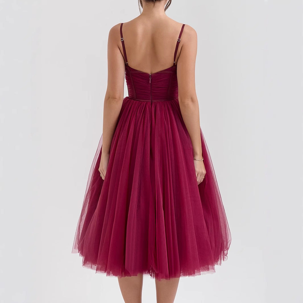 Sexy Solid Color Straps Tulle Backless Dress