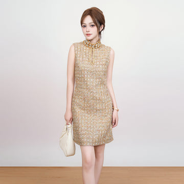 Classic Style Tweed Heavy Industry Rhinestone Lace Sleeveless Vest Dress