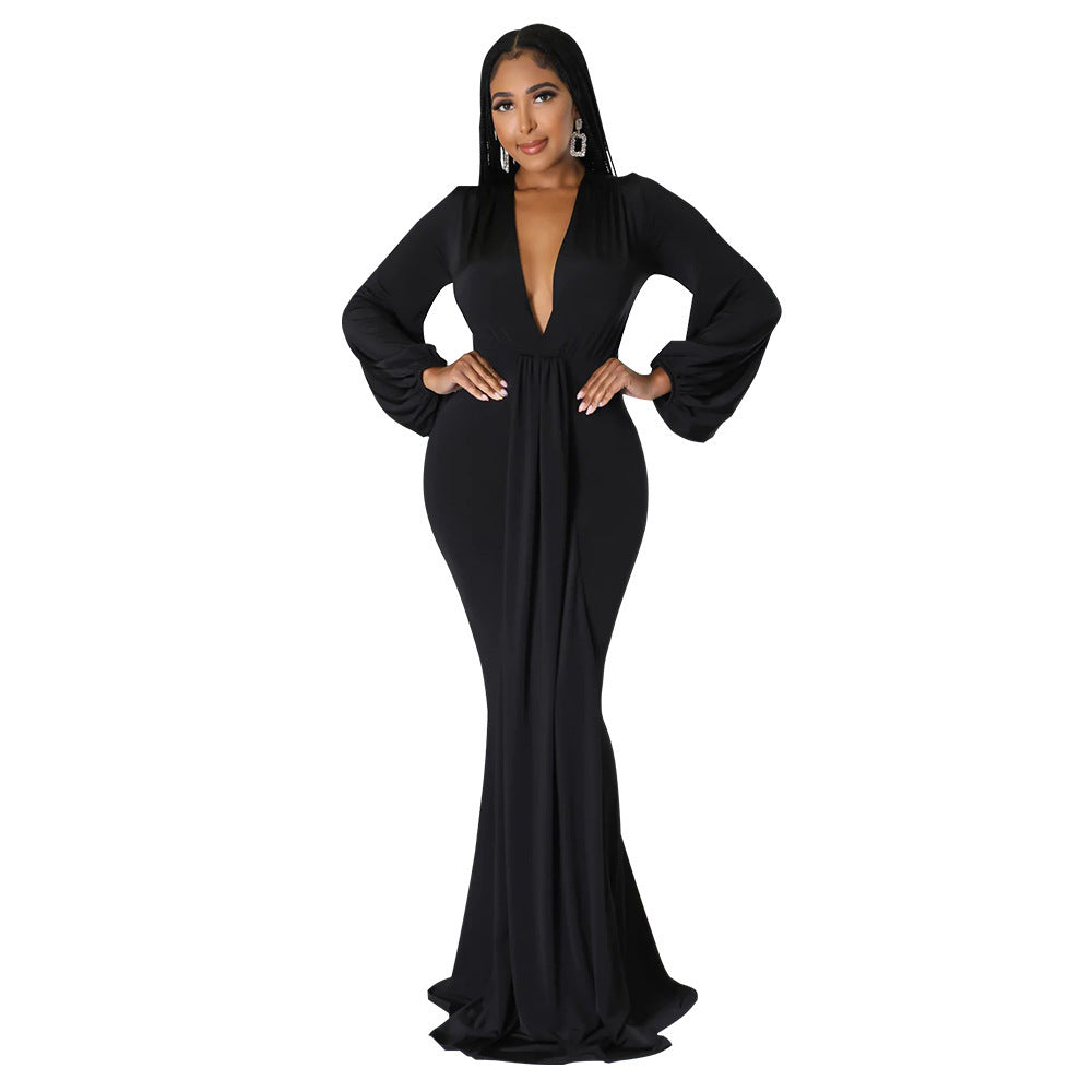 Autumn Sexy Slim-fit Deep V-neck Mop Dress