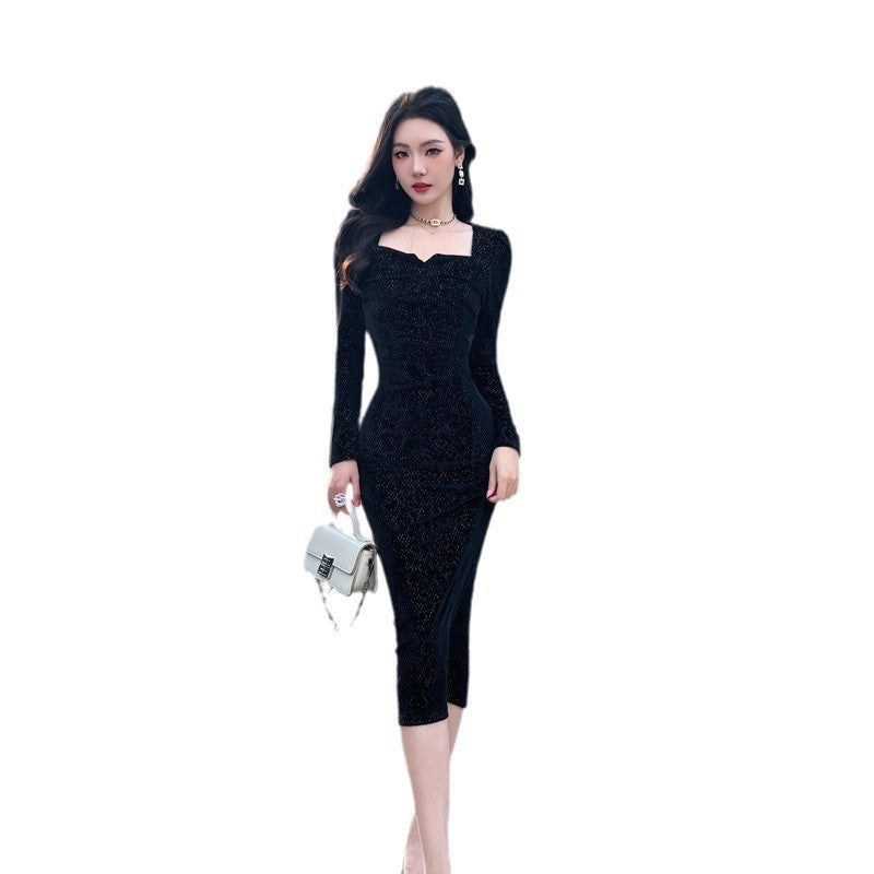Long Sleeve Velvet Dress Waist Slimming Square Collar Black Skirt