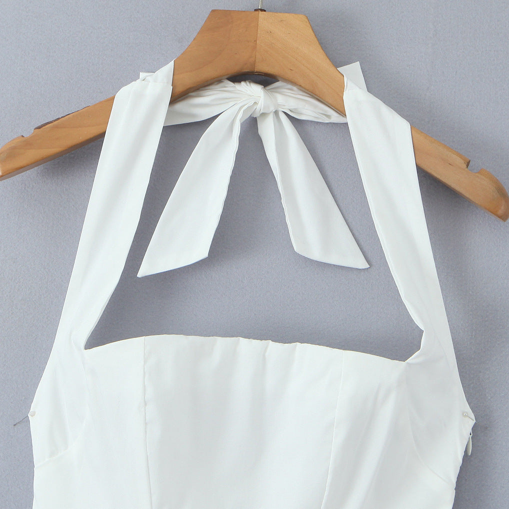 Hanging Collar Sexy Slim Fit Backless Mid-length Sweet Mesh Temperament Dress