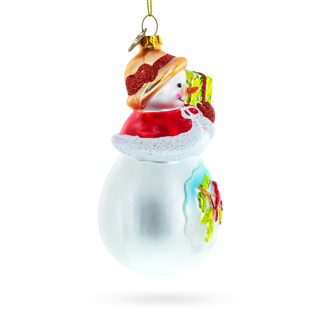 Snowman with Red Cardinals Holding a Gift Glass Christmas Ornament