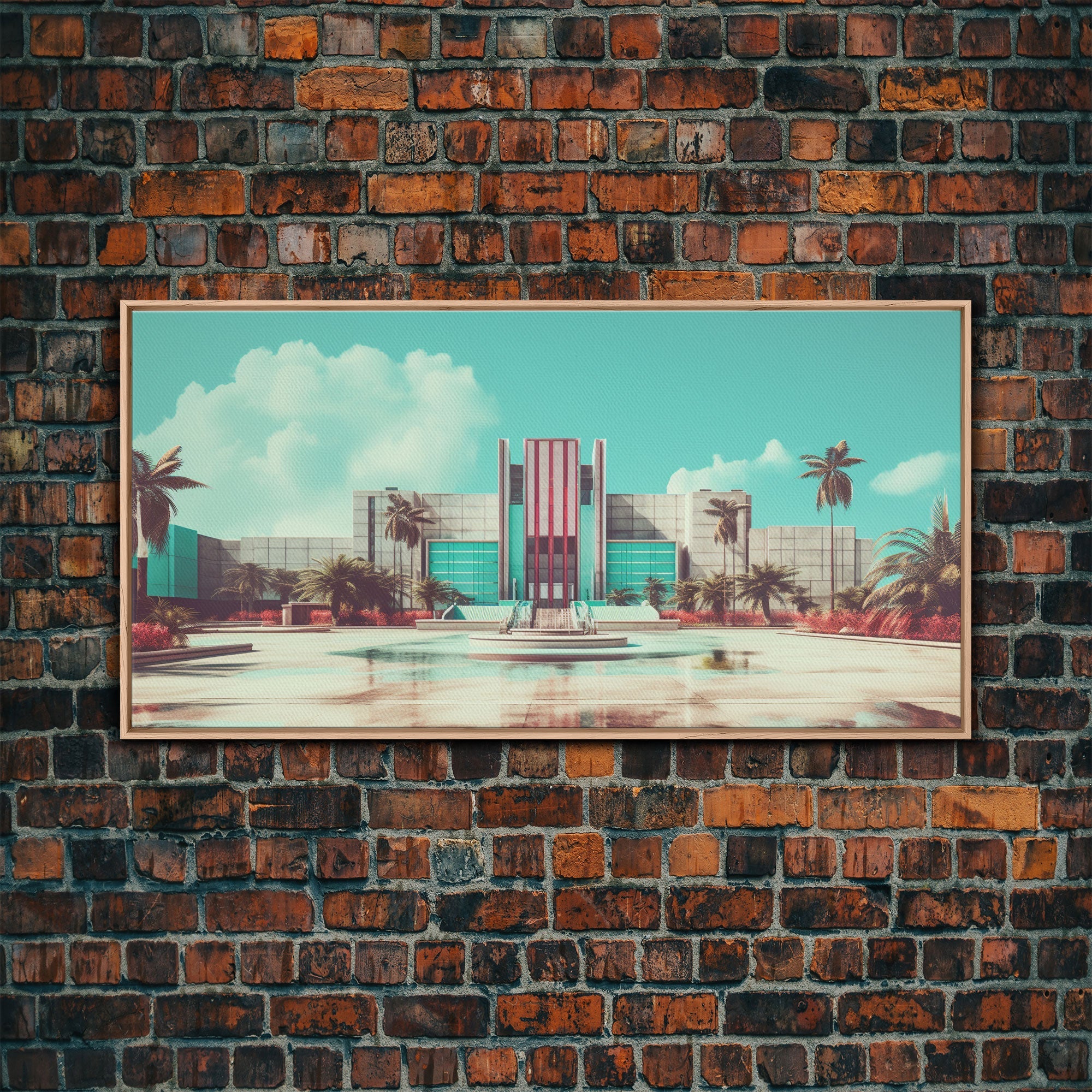 Vaporwave Art Deco Architecture, Framed Canvas Print, Retro 80s Wall Art, Liminal Spaces, Office Decor