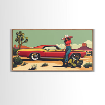Retro Cowgirl with Red Car in Desert Landscape, Framed Canvas Print for Stylish Living Room Decor, Ideal Bedroom Wall Art