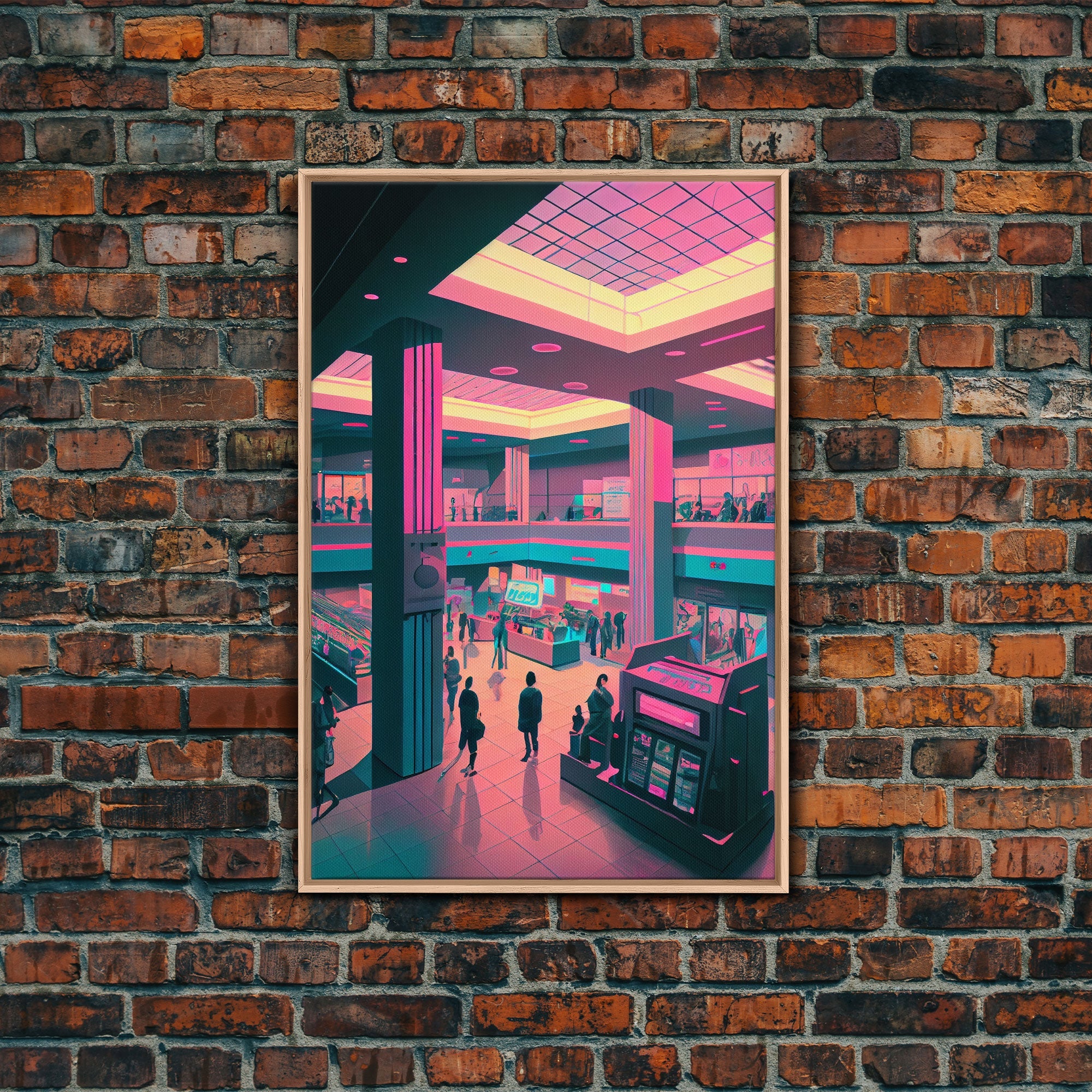 Monument to Capitalism, Retro 80's mall art, framed canvas print, vaporwave aesthetic consumer art