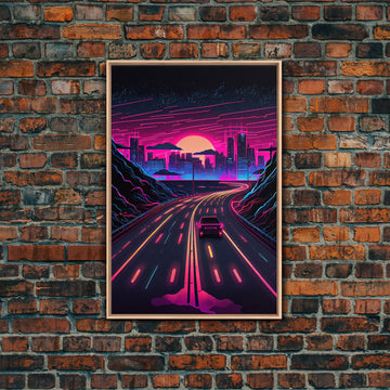 The Drive, Retrowave Outrun Style City Skyline Sunset, 80s Vibes, Framed Canvas Print