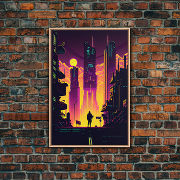 Cyberpunk art, Retrowave style dystopian cityscape art, game room art, framed canvas print, retro wave city skyline