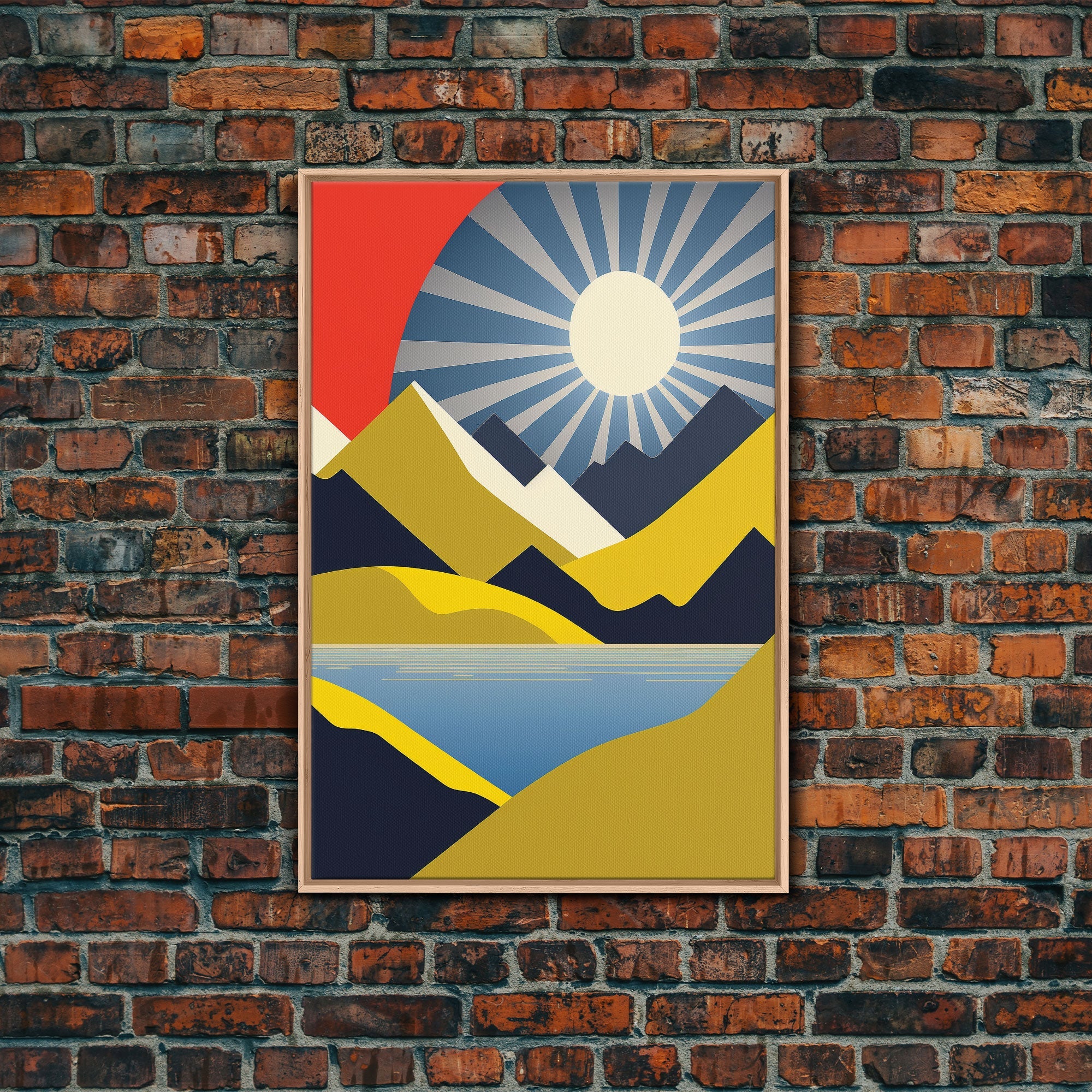 Scandinavian Style Midcentury Wall Art, Framed Canvas Print - Art Deco Minimalist Sunset Retro Style Wall Art Sepia Tones