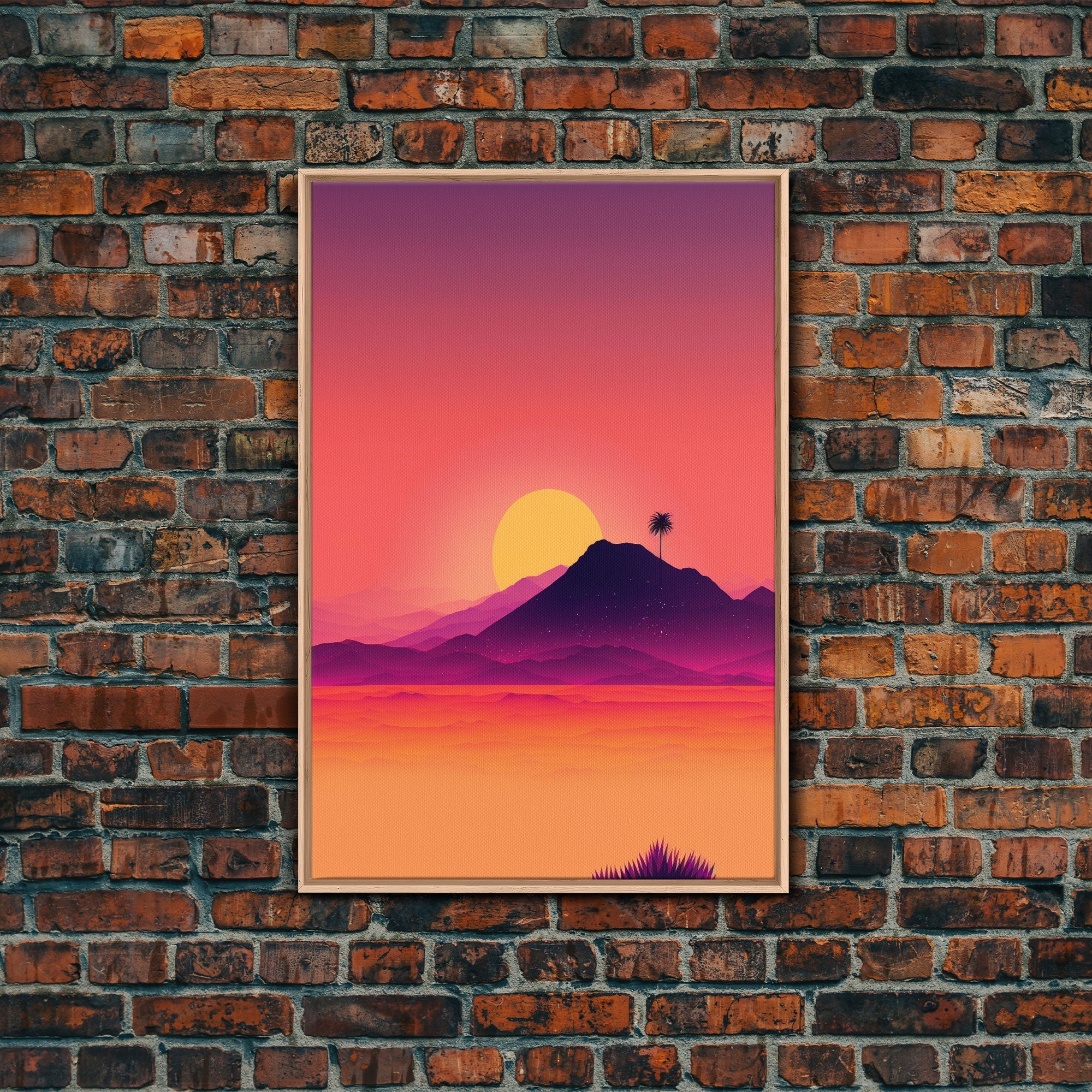 Outrun Style Desert Sunset, Framed Canvas Print, Retro Style 80s Vibe Wall Decor, Office Art, Game Room Decor, Living Room Gamer Art