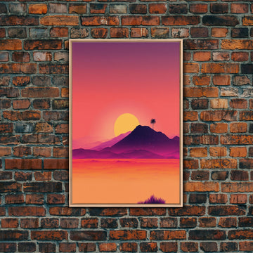 Outrun Style Desert Sunset, Framed Canvas Print, Retro Style 80s Vibe Wall Decor, Office Art, Game Room Decor, Living Room Gamer Art