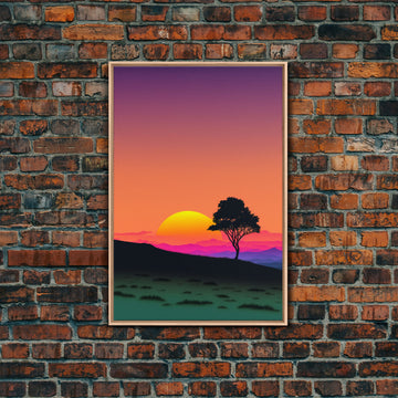 A Lone Tree in a Texas Field At Sunset, Retro Style MCM Art, Framed Canvas Print, Trendy Wall Prints, Landscape and Sunset Outrun Art