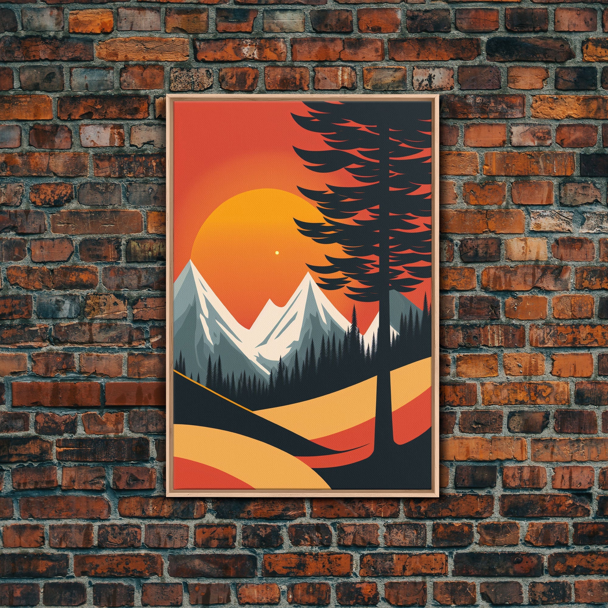 Retro Landscape Art, Sunset Over The Mountains, Framed Canvas Print, Minimalist Pop Art, Above Sofa Living Room Art, Entryway Art