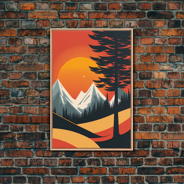 Retro Landscape Art, Sunset Over The Mountains, Framed Canvas Print, Minimalist Pop Art, Above Sofa Living Room Art, Entryway Art