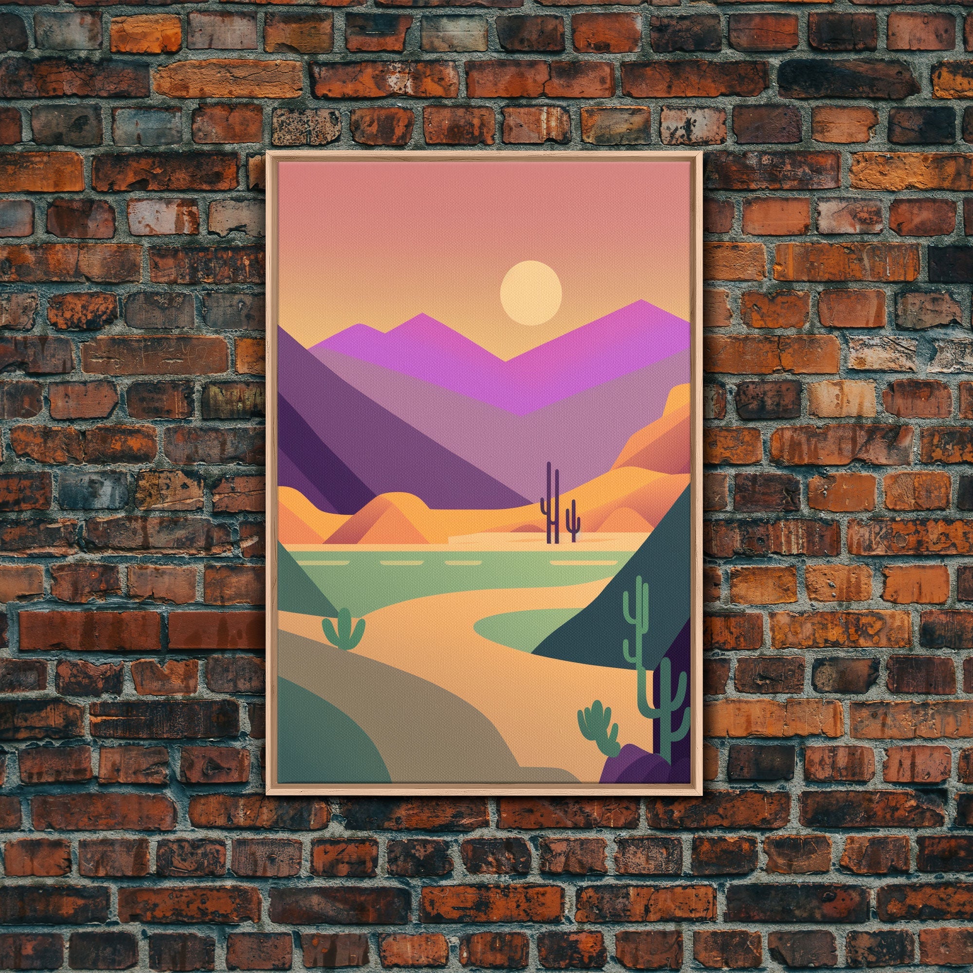 Retro Art Deco Style Minimalist Desert Landscape Print, Framed Canvas Art, Synthwave Style, Southwestern Decor, Western Art, Guest Room