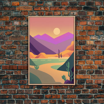 Retro Art Deco Style Minimalist Desert Landscape Print, Framed Canvas Art, Synthwave Style, Southwestern Decor, Western Art, Guest Room