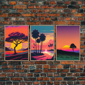 Triptych 3 panel Wall Art, Framed Canvas Prints, Synthwave Landscape Decor, MCM 80s Vibes Retro Style 3 Piece Art