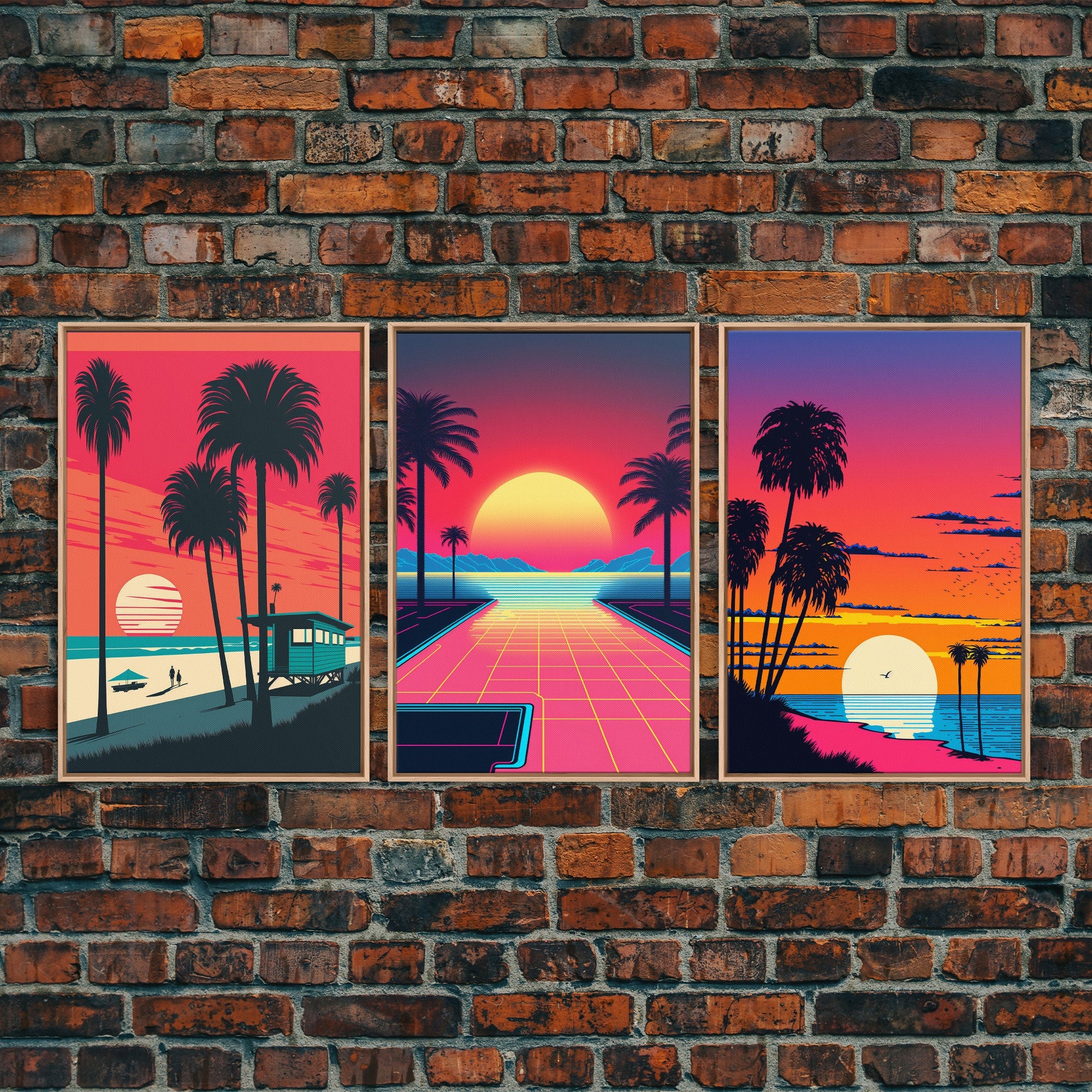 Midcentury Modern Wall Art, Mid Century Modern, 3 Piece Framed Canvas, 3 Panel Art, Triptych Art, Vaporwave Palm Trees and Sunset, 80s Retro