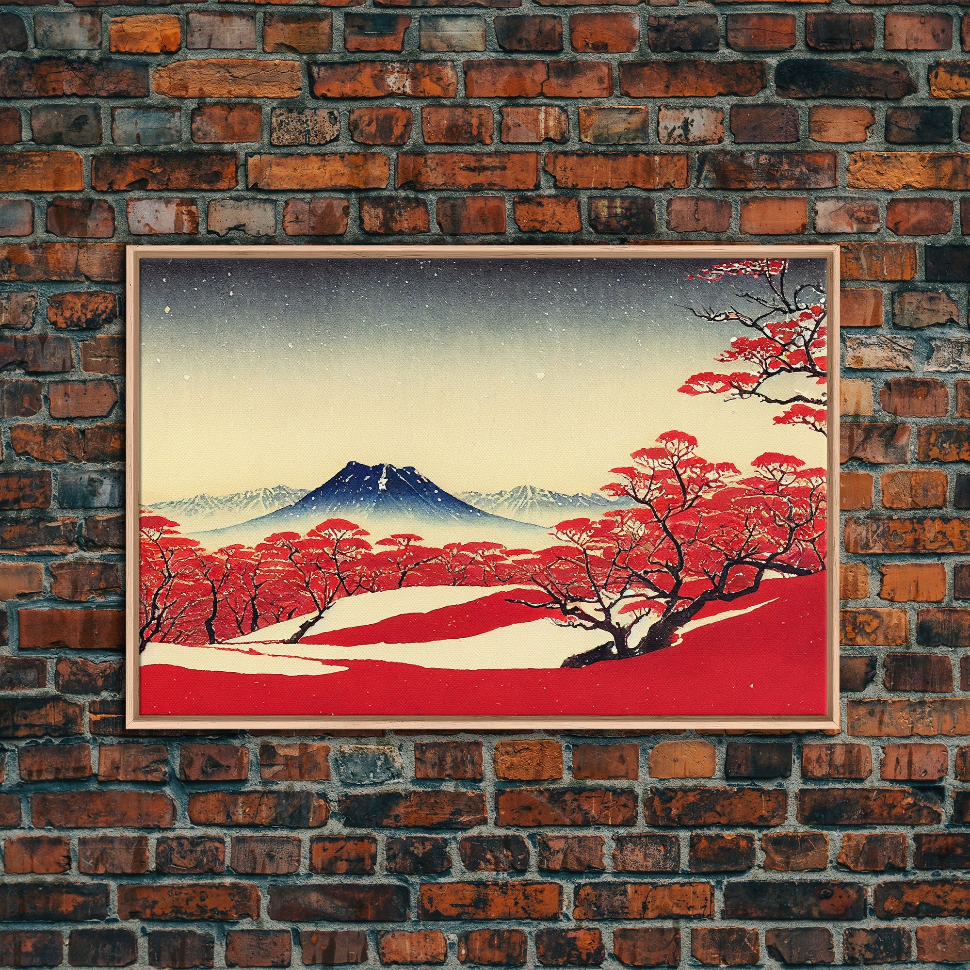 Mt. Fuji in the winter, Japanese style art, Japanese maple trees, framed canvas print, unique retro style art