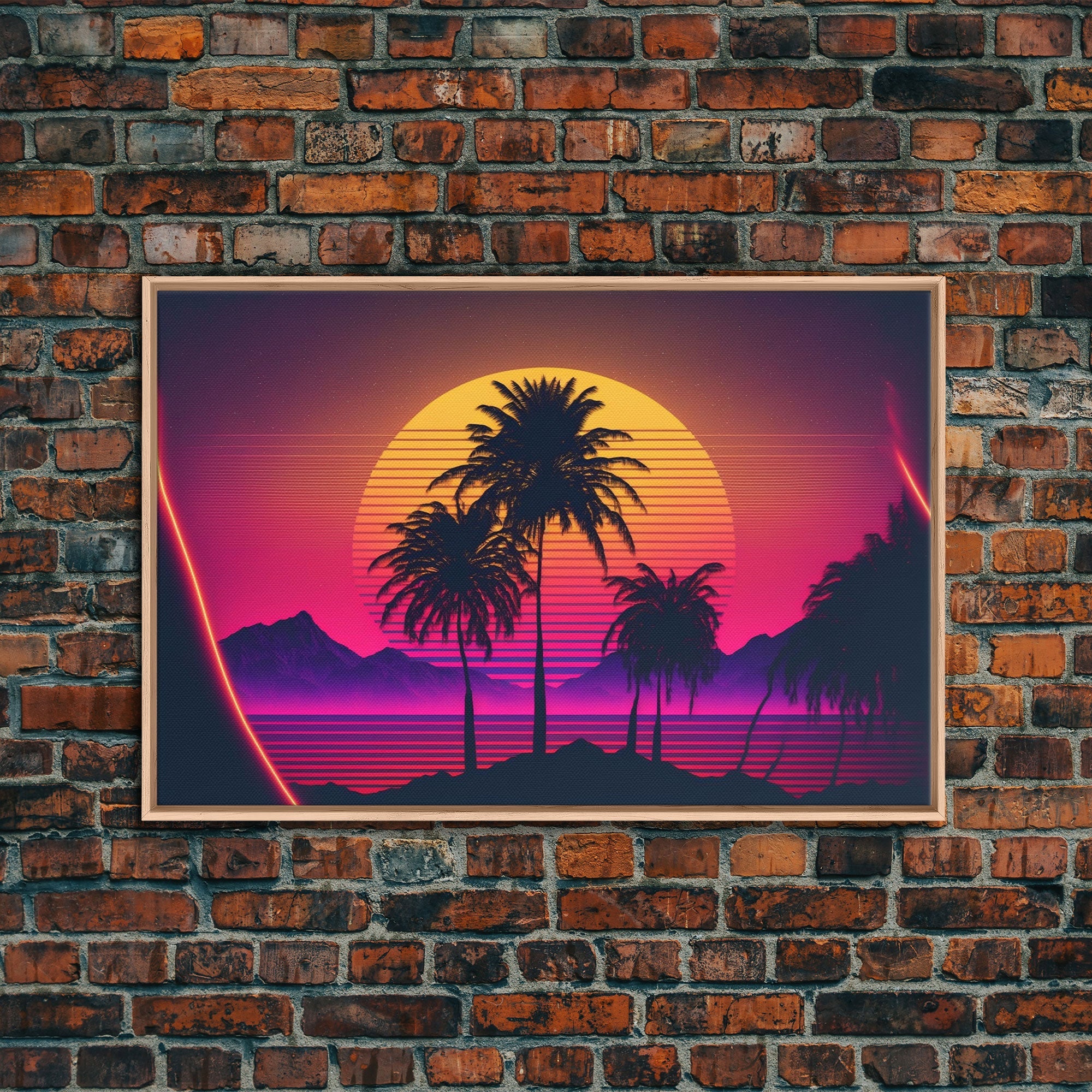 Synthwave Sunset Behind Beautiful Palm Trees, 1980s Style Retro Home Decor, Framed Canvas Print
