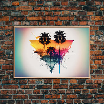 Retrowave / Synthwave Sunset Behind Beautiful Palm Trees, 1980s Style Retro Home Decor, Framed Canvas Print, Double Exposure Art