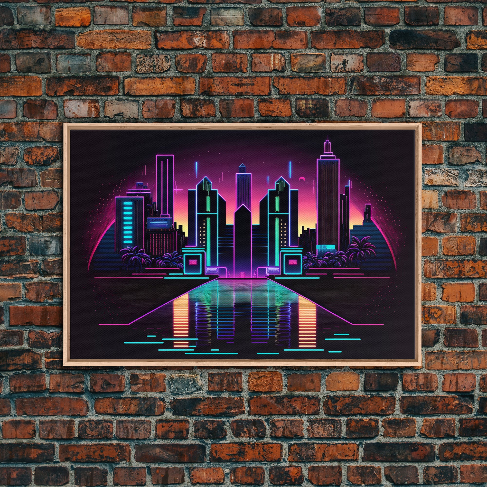 Retro Style Synthwave Wireframe City, Outrun Style, Framed Canvas Print, 80s Vibes Art