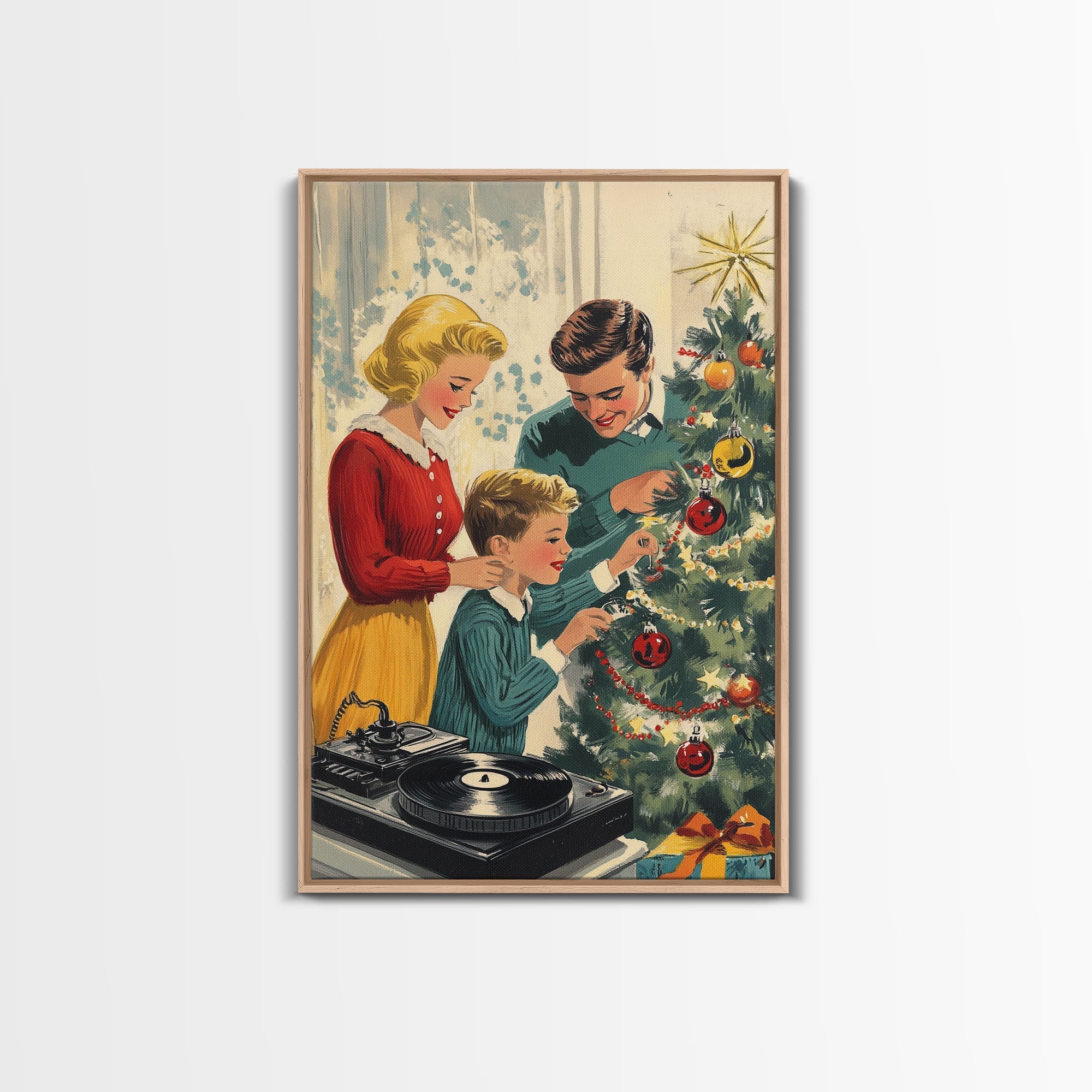 Mid-Century Family Christmas Celebration with Turntable and Christmas Tree, Retro Holiday Wall Art, Framed Canvas Print