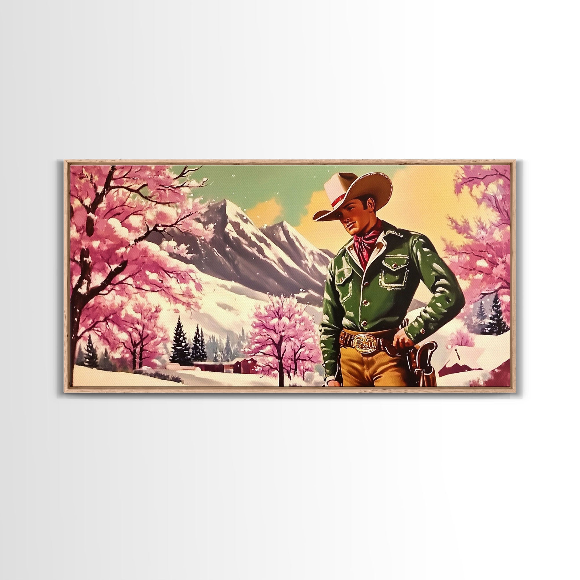 Retro Framed Canvas Print of a woman in a white dress standing next to a vintage pink truck, holiday wall art gift ideas any space